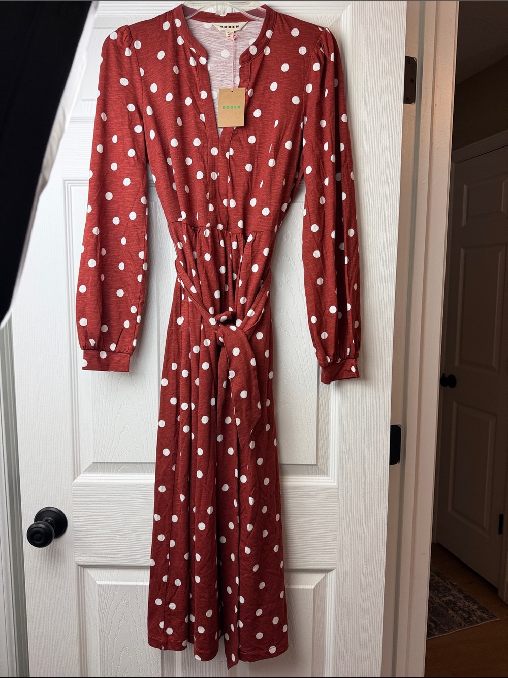 Boden Rust Red Polka Dot Long Sleeve Tie-Waist Midi Dress